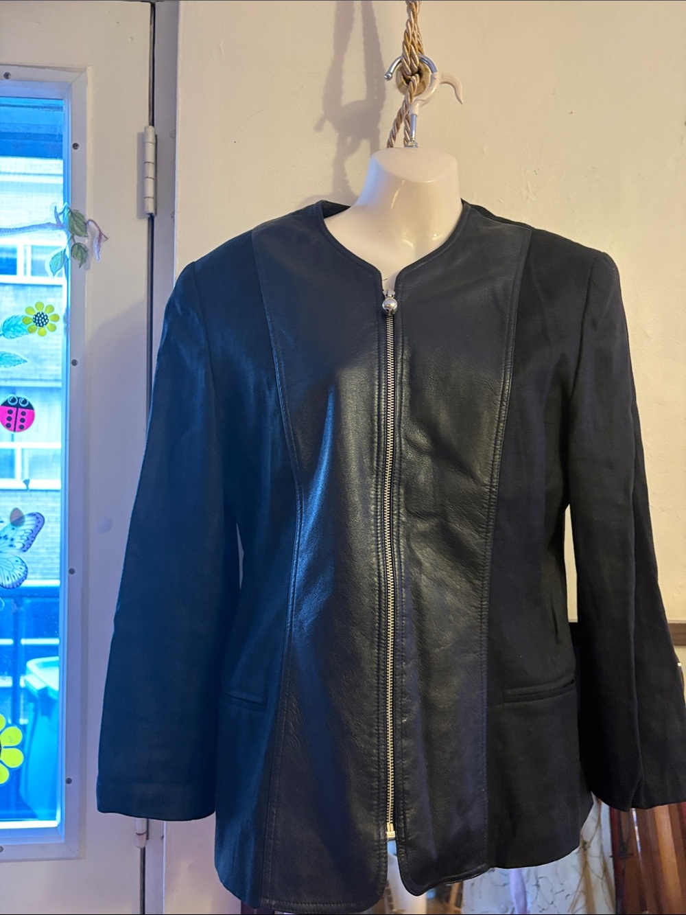 Women's Black Leather Zip-Front Jacket. Linen